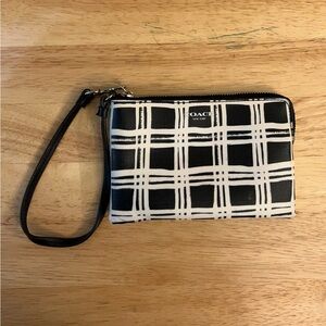 Coach Bleeker Black & White Plaid Leather Wristlet